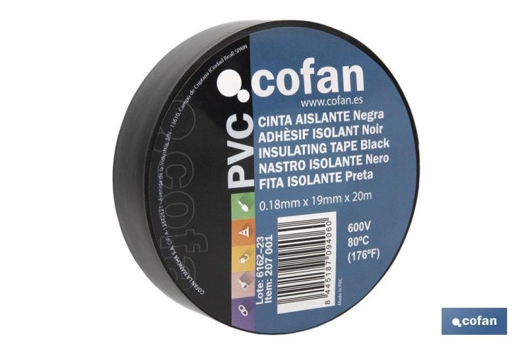 Rollo de Cinta Aislante Negra 19mmx20m 180 micras 207001 Cofan